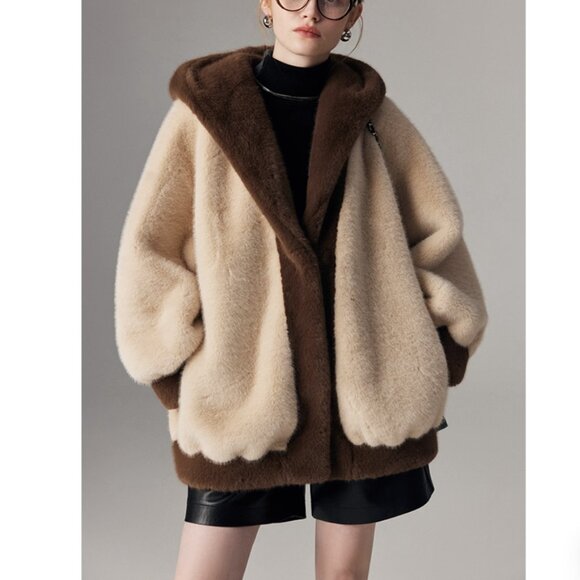 Maillard Core Oversized Faux Fur Hooded Teddy Jacket Two Tone - Picture 2 of 5